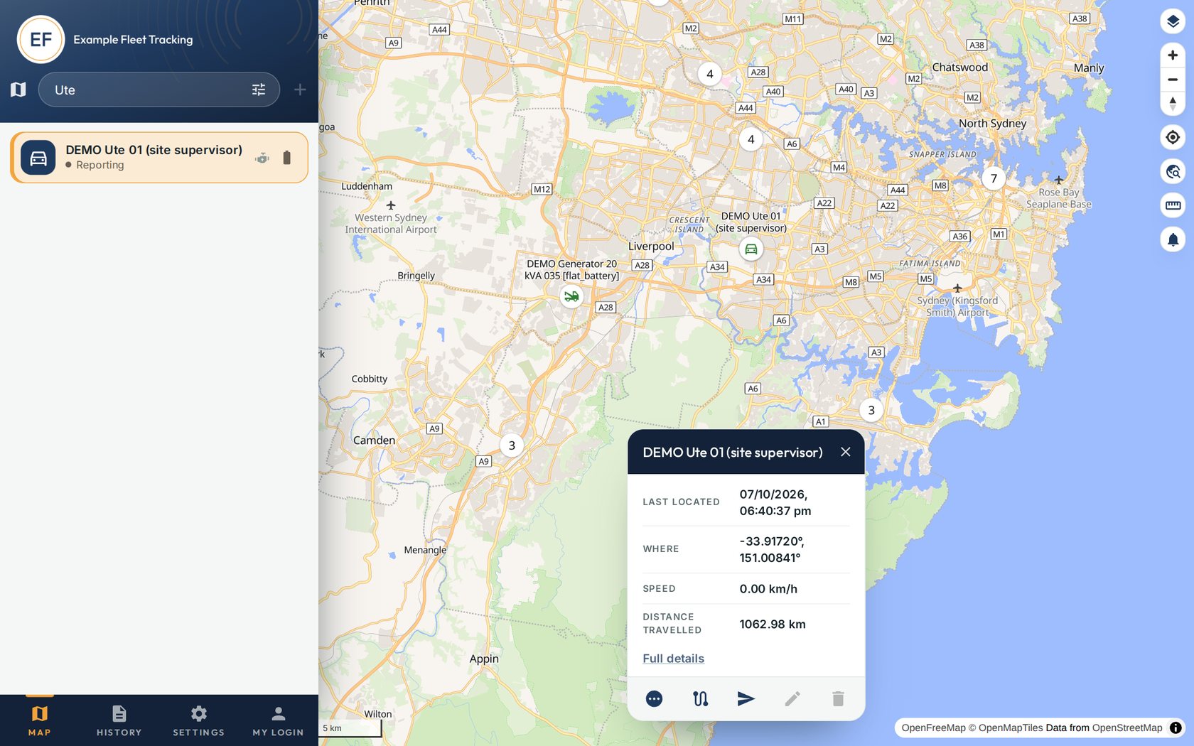 The card for one vehicle. Press Full details for battery level and everything else the tracker sent.