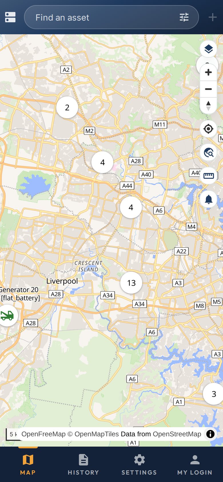 The map on a phone. The buttons along the bottom are Map, Reports, Settings and Account.