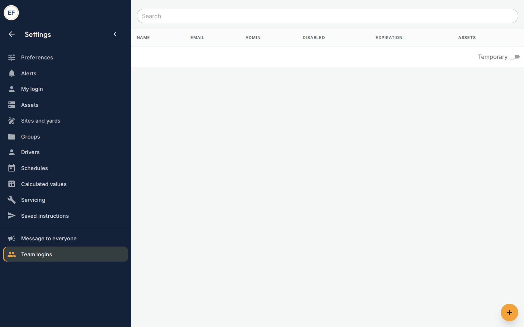 Your staff logins appear here. The plus button adds one.